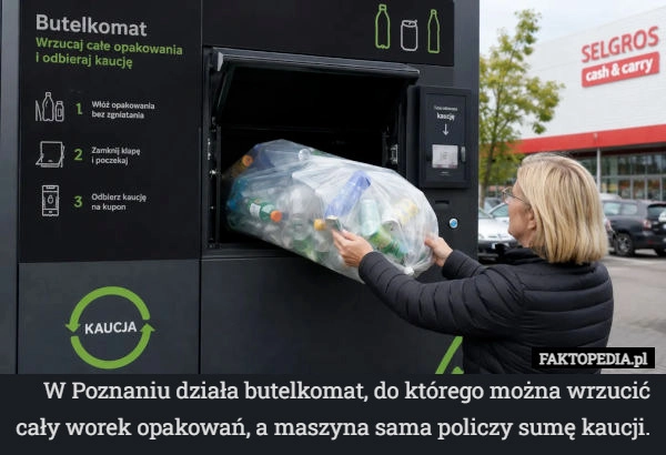 
    W Poznaniu działa butelkomat, do którego można wrzucić cały worek opakowań,