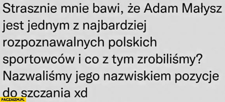 
    Małysz jeden z najbardziej rozpoznawalnych sportowców i co z tym zrobiliśmy nazwaliśmy jego nazwiskiem pozycję do szczania