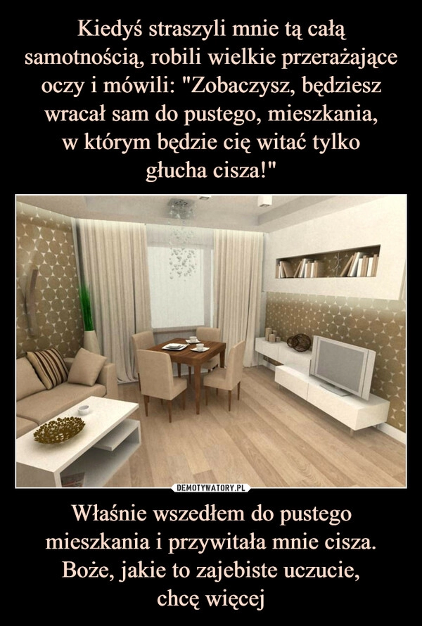 
    Kiedyś straszyli mnie tą całą samotnością, robili wielkie przerażające oczy i mówili: "Zobaczysz, będziesz wracał sam do pustego, mieszkania,
w którym będzie cię witać tylko
głucha cisza!" Właśnie wszedłem do pustego mieszkania i przywitała mnie cisza. Boże, jakie to zajebiste uczucie,
chcę więcej