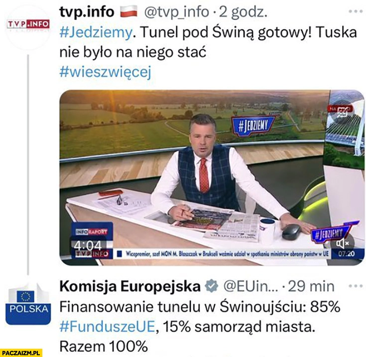 
    Tunel pod Świną gotowy, Tuska nie było na to stać, tymczasem finansowanie 85% unia europejska 15% procent samorząd miasta