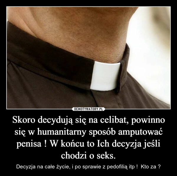 
    Skoro decydują się na celibat, powinno się w humanitarny sposób amputować penisa ! W końcu to Ich decyzja jeśli chodzi o seks.