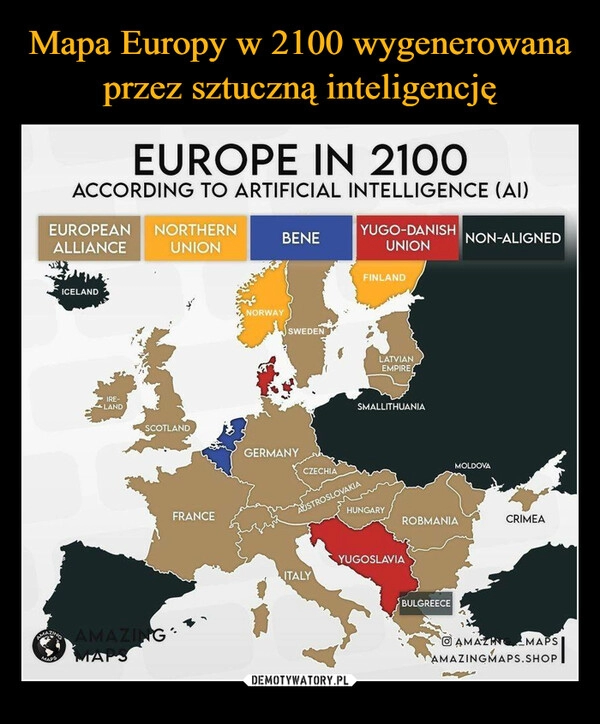 
    Mapa Europy w 2100 wygenerowana przez sztuczną inteligencję