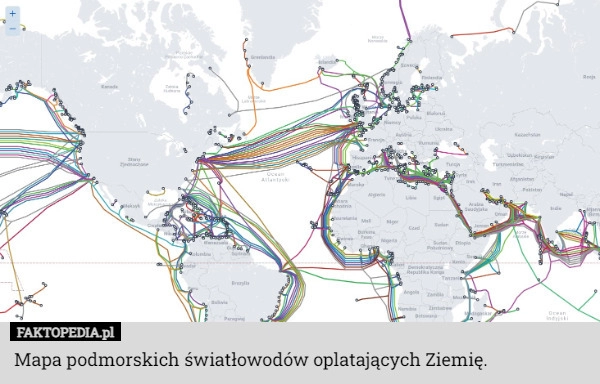 
    Mapa podmorskich światłowodów oplatających Ziemię.