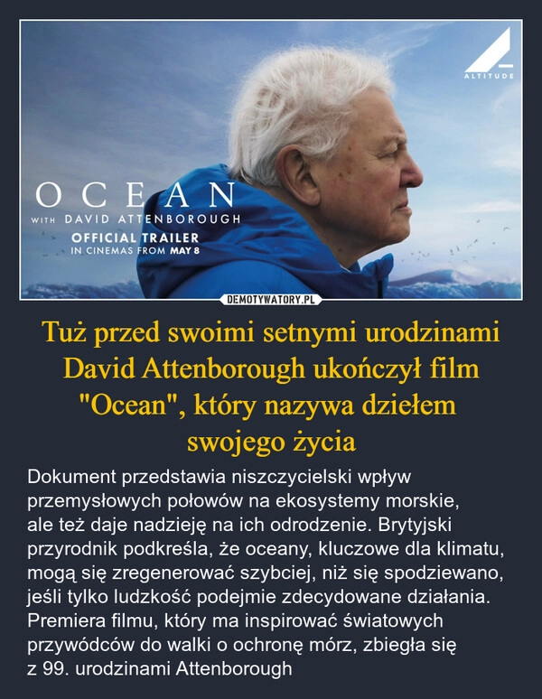 
    Tuż przed swoimi setnymi urodzinami David Attenborough ukończył film "Ocean", który nazywa dziełem 
swojego życia