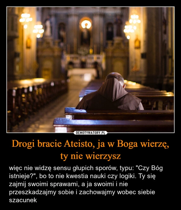 
    Drogi bracie Ateisto, ja w Boga wierzę, ty nie wierzysz