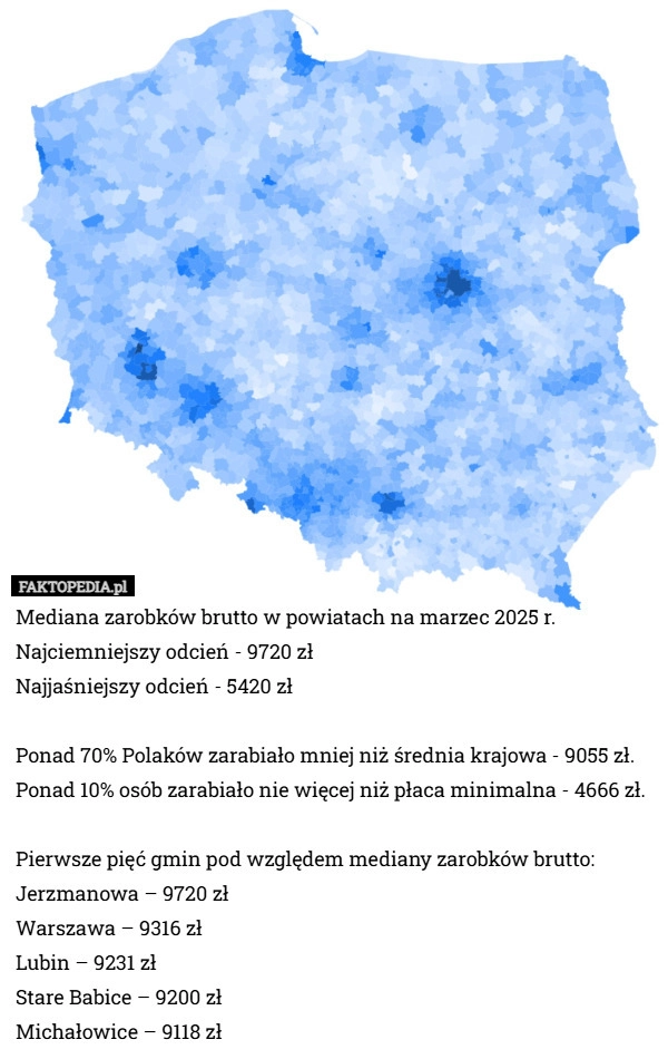 
    Mediana zarobków brutto w powiatach na marzec 2025 r.
Najciemniejszy odcień