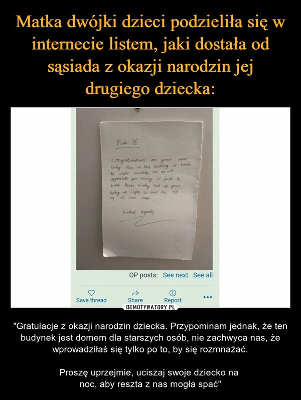 
    Matka dwójki dzieci podzieliła się w internecie listem, jaki dostała od sąsiada z okazji narodzin jej drugiego dziecka: 