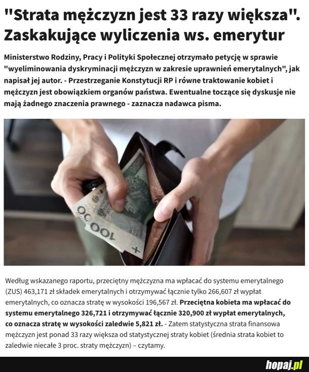
    Średnia strata mężczyzn w polskim systemie emerytalnym 33 razy większa