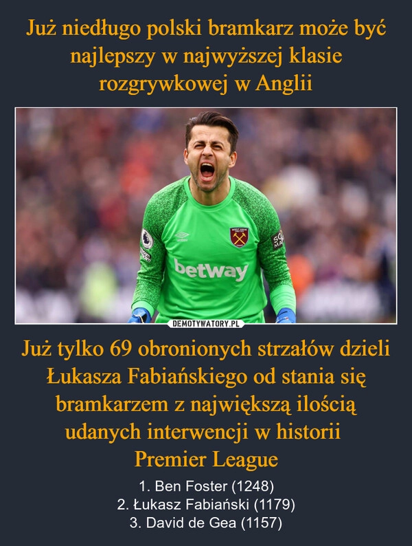 
    Już niedługo polski bramkarz może być najlepszy w najwyższej klasie rozgrywkowej w Anglii Już tylko 69 obronionych strzałów dzieli Łukasza Fabiańskiego od stania się bramkarzem z największą ilością udanych interwencji w historii 
Premier League