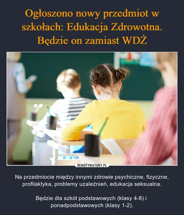 
    Ogłoszono nowy przedmiot w szkołach: Edukacja Zdrowotna. Będzie on zamiast WDŻ