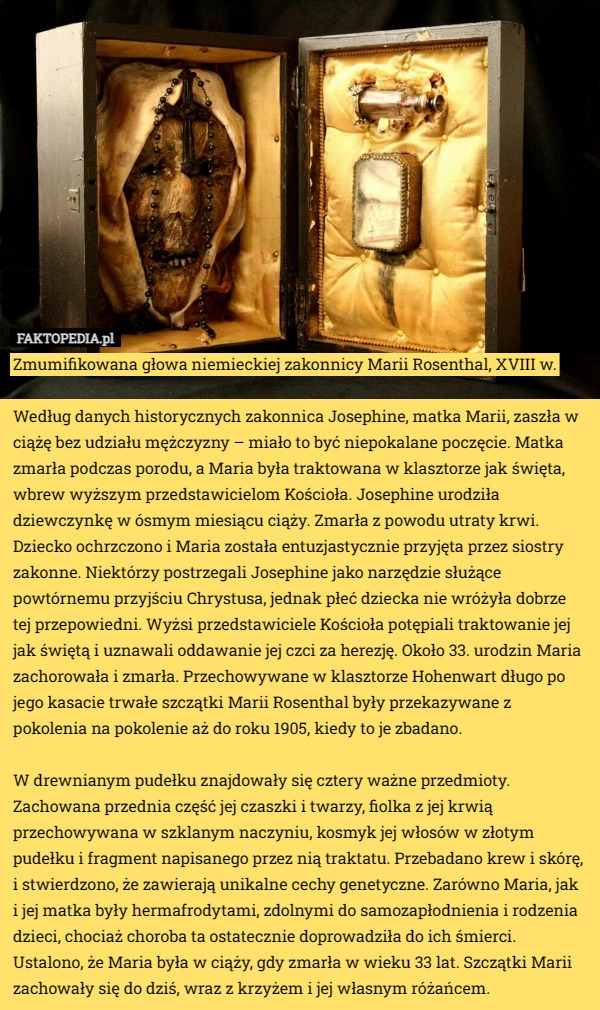 
    Zmumifikowana głowa niemieckiej zakonnicy Marii Rosenthal, XVIII w. Według...