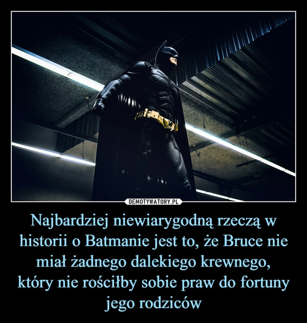 
    Najbardziej niewiarygodną rzeczą w historii o Batmanie jest to, że Bruce nie miał żadnego dalekiego krewnego,
który nie rościłby sobie praw do fortuny
jego rodziców