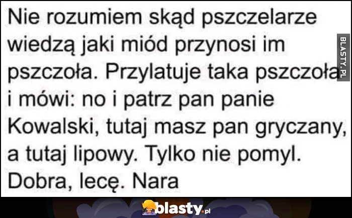 
    Nie rozumiem skąd pszczelarze wiedzą jaki miód przynosi im pszczoła, przylatuje i mówi, tu masz pan gryczany a tu lipowy, tylko nie pomyl