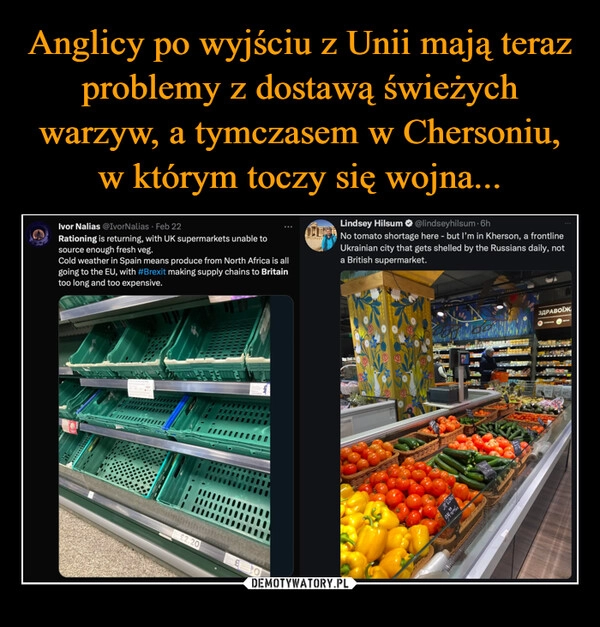 
    Anglicy po wyjściu z Unii mają teraz problemy z dostawą świeżych warzyw, a tymczasem w Chersoniu, w którym toczy się wojna...