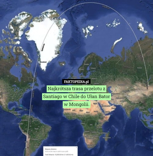 
    Najkrótsza trasa przelotu z Santiago w Chile do Ułan Bator w Mongolii.