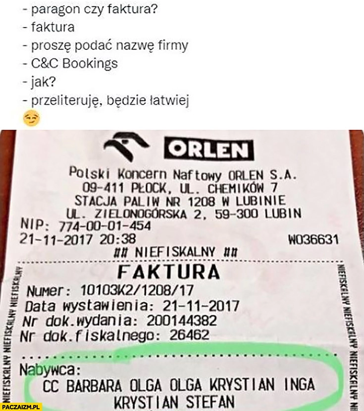 
    Orlen faktura przeliterowanie nazwa firmy fail