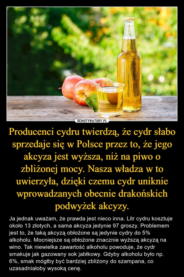 
    Producenci cydru twierdzą, że cydr słabo sprzedaje się w Polsce przez to, że jego akcyza jest wyższa, niż na piwo o zbliżonej mocy. Nasza władza w to uwierzyła, dzięki czemu cydr uniknie wprowadzanych obecnie drakońskich podwyżek akcyzy.