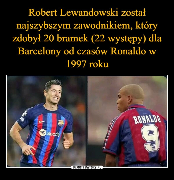 
    Robert Lewandowski został najszybszym zawodnikiem, który zdobył 20 bramek (22 występy) dla Barcelony od czasów Ronaldo w 1997 roku 