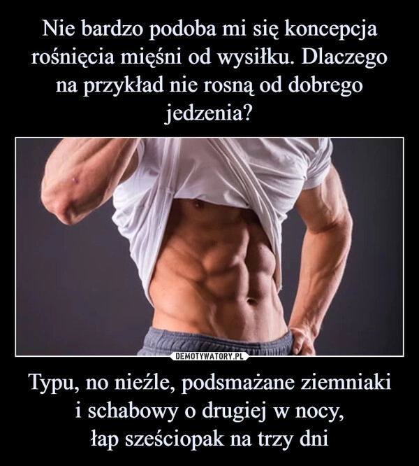 
    Nie bardzo podoba mi się koncepcja rośnięcia mięśni od wysiłku. Dlaczego na przykład nie rosną od dobrego jedzenia? Typu, no nieźle, podsmażane ziemniaki
i schabowy o drugiej w nocy,
łap sześciopak na trzy dni 