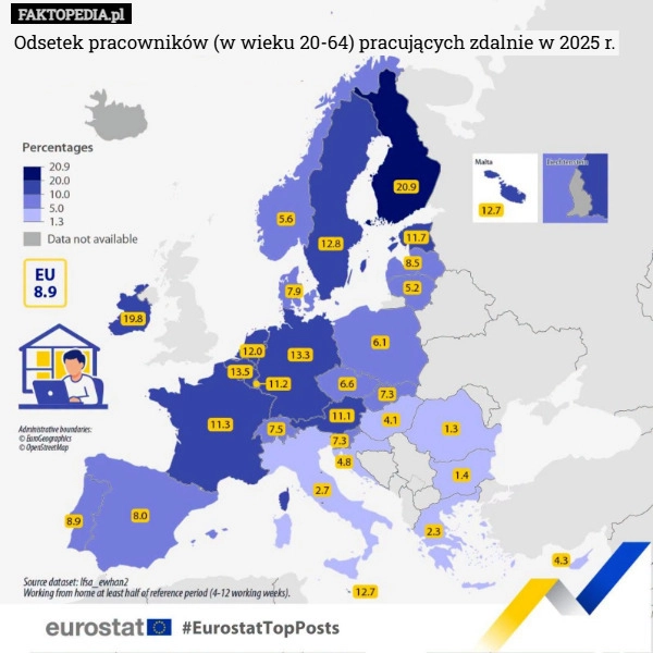 Odsetek pracowników (w wieku 20-64) pracujących zdalnie w 2025 r.