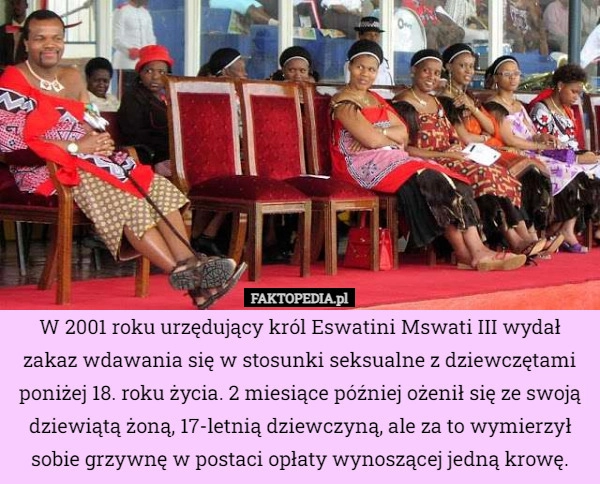 
    W 2001 roku urzędujący król Eswatini Mswati III wydał zakaz wdawania się