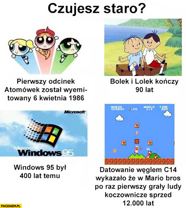 Czujesz się staro? Windows 95 był 400 lat temu Bolek i Lolek kończą 90 lat, pierwszy Mario Bros grały ludy sprzed 12000 lat