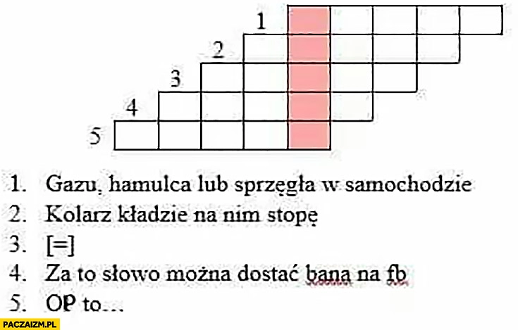 
    Krzyżówka pedał: gazu hamulca, kolarz kladzie na nim stopę, za to słowo można dostać bana na fb, OP to