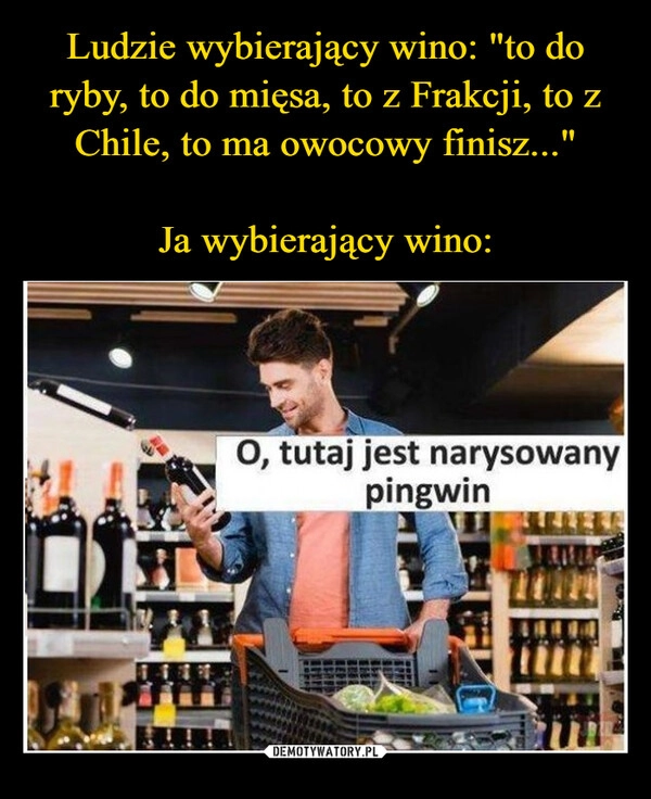 
    Ludzie wybierający wino: "to do ryby, to do mięsa, to z Frakcji, to z Chile, to ma owocowy finisz..."

Ja wybierający wino: