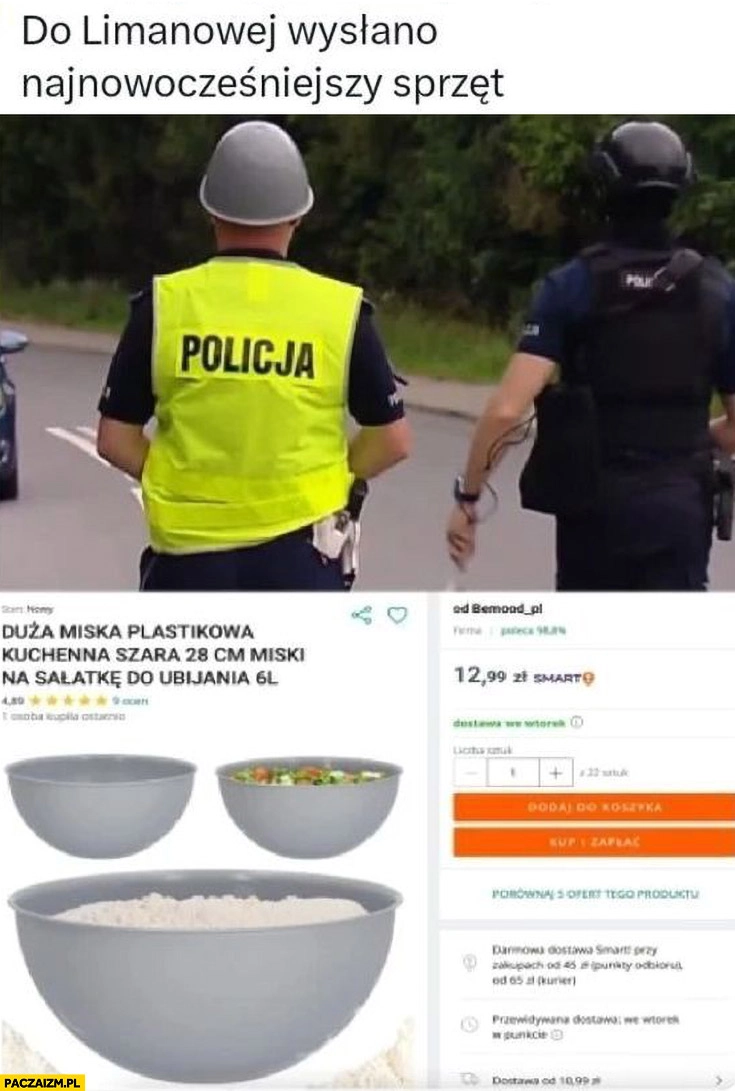 
    Do limanowej wysłano najnowocześniejszy sprzęt policjant z plastikową miską kuchenną na głowie