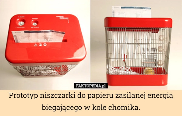 
    Prototyp niszczarki do papieru zasilanej energią biegającego w kole chomika.