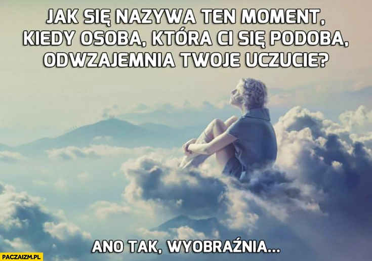 
    Jak się nazywa ten moment kiedy osoba, która Ci się podoba odwzajemnia to uczucie? Ano tak, wyobraźnia