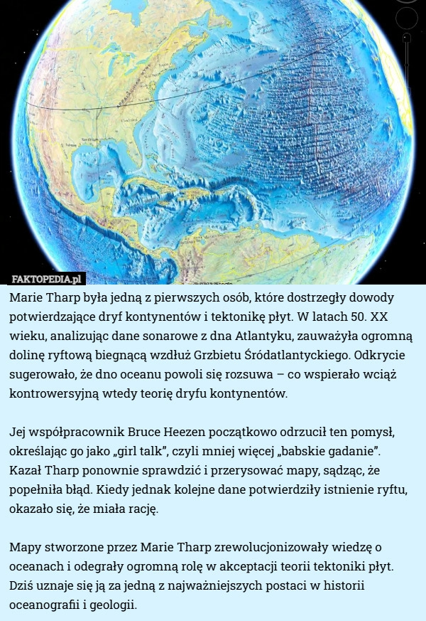 
    Marie Tharp była jedną z pierwszych osób, które dostrzegły dowody potwierdzające...