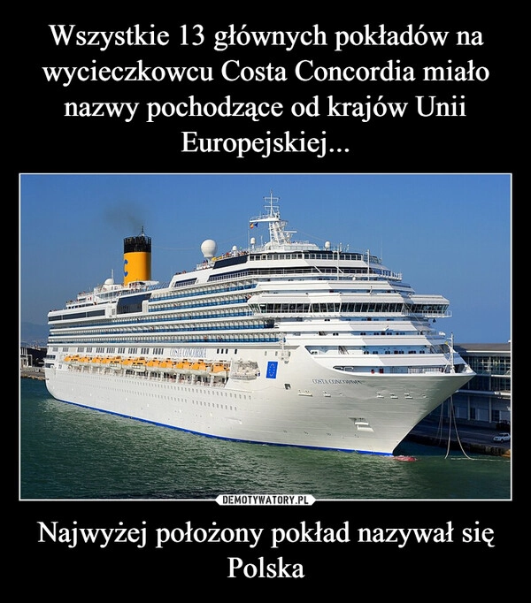 
    Wszystkie 13 głównych pokładów na wycieczkowcu Costa Concordia miało nazwy pochodzące od krajów Unii Europejskiej... Najwyżej położony pokład nazywał się Polska