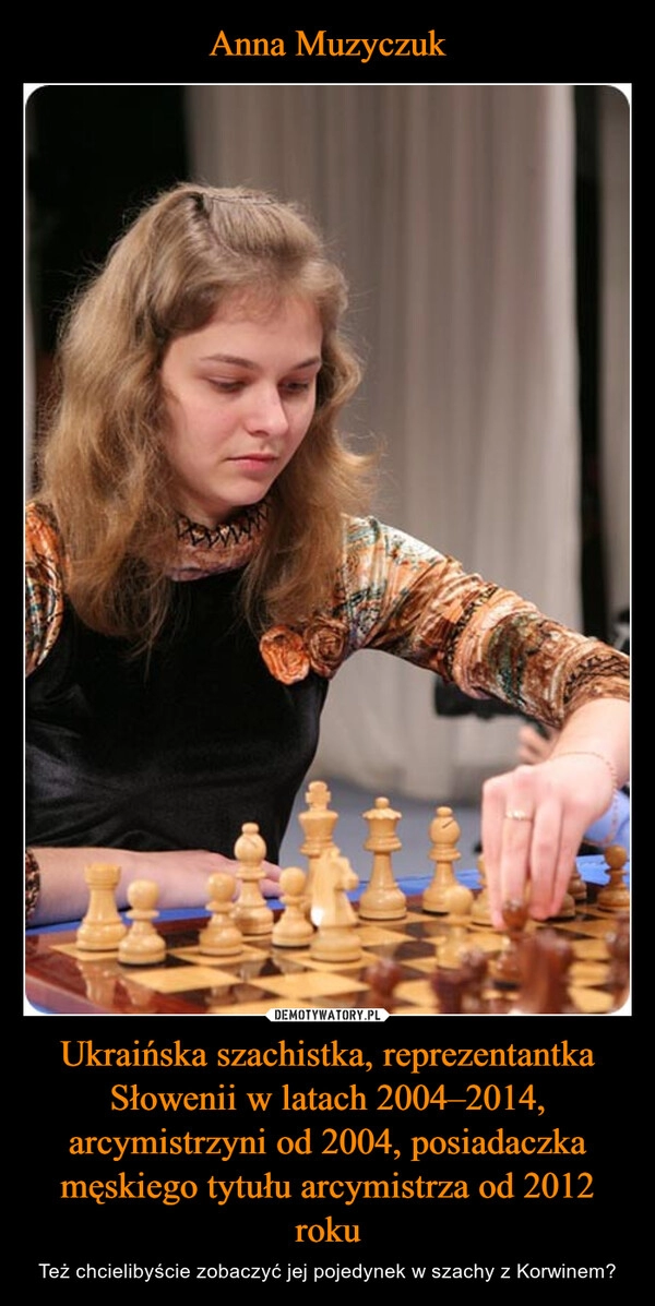 
    Anna Muzyczuk Ukraińska szachistka, reprezentantka Słowenii w latach 2004–2014, arcymistrzyni od 2004, posiadaczka męskiego tytułu arcymistrza od 2012 roku