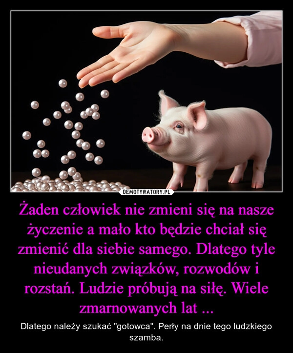 
    Żaden człowiek nie zmieni się na nasze życzenie a mało kto będzie chciał się zmienić dla siebie samego. Dlatego tyle nieudanych związków, rozwodów i rozstań. Ludzie próbują na siłę. Wiele zmarnowanych lat ...