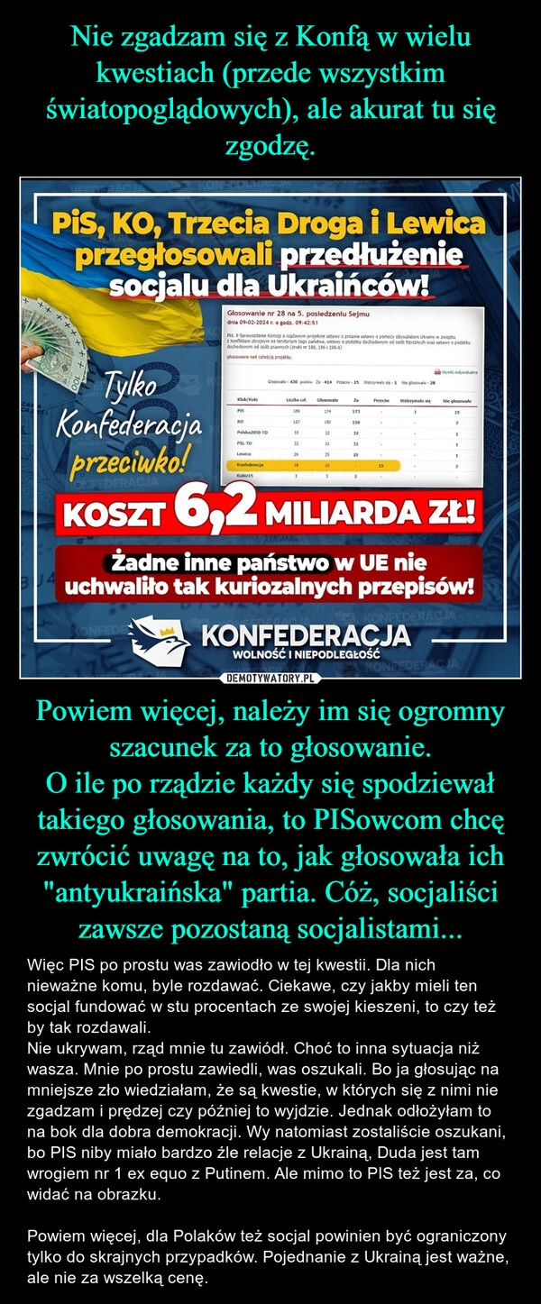 
    Nie zgadzam się z Konfą w wielu kwestiach (przede wszystkim światopoglądowych), ale akurat tu się zgodzę. Powiem więcej, należy im się ogromny szacunek za to głosowanie.
O ile po rządzie każdy się spodziewał takiego głosowania, to PISowcom chcę zwrócić uwagę na to, jak głosowała ich "antyukraińska" partia. Cóż, socjaliści zawsze pozostaną socjalistami...