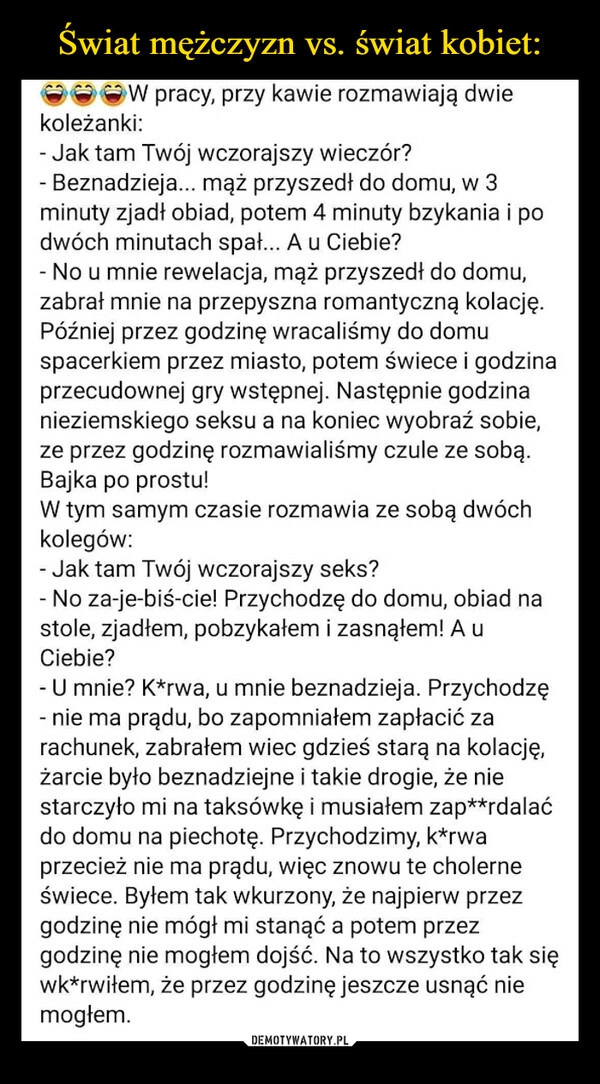 
    
Świat mężczyzn vs. świat kobiet: 