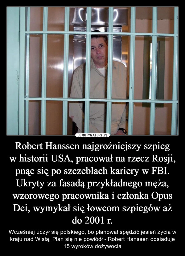 
    Robert Hanssen najgroźniejszy szpieg w historii USA, pracował na rzecz Rosji, pnąc się po szczeblach kariery w FBI. Ukryty za fasadą przykładnego męża, wzorowego pracownika i członka Opus Dei, wymykał się łowcom szpiegów aż do 2001 r.