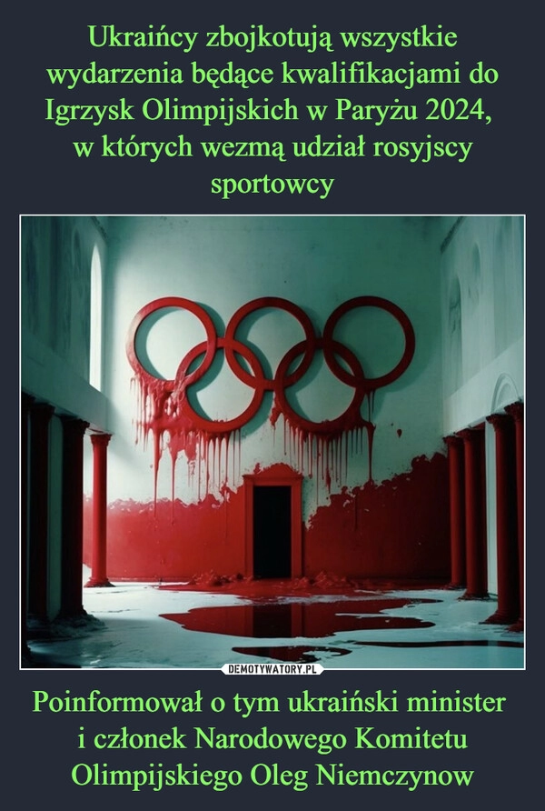 
    Ukraińcy zbojkotują wszystkie wydarzenia będące kwalifikacjami do Igrzysk Olimpijskich w Paryżu 2024, 
w których wezmą udział rosyjscy sportowcy Poinformował o tym ukraiński minister 
i członek Narodowego Komitetu Olimpijskiego Oleg Niemczynow