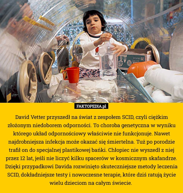 
    David Vetter przyszedł na świat z zespołem SCID, czyli ciężkim złożonym