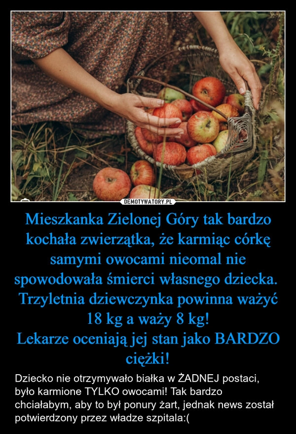 
    Mieszkanka Zielonej Góry tak bardzo kochała zwierzątka, że karmiąc córkę samymi owocami nieomal nie spowodowała śmierci własnego dziecka. 
Trzyletnia dziewczynka powinna ważyć 18 kg a waży 8 kg!
Lekarze oceniają jej stan jako BARDZO ciężki!