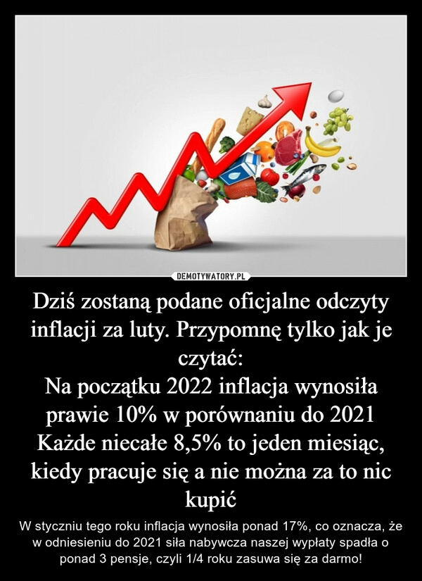 
    Dziś zostaną podane oficjalne odczyty inflacji za luty. Przypomnę tylko jak je czytać:
Na początku 2022 inflacja wynosiła prawie 10% w porównaniu do 2021
Każde niecałe 8,5% to jeden miesiąc, kiedy pracuje się a nie można za to nic kupić