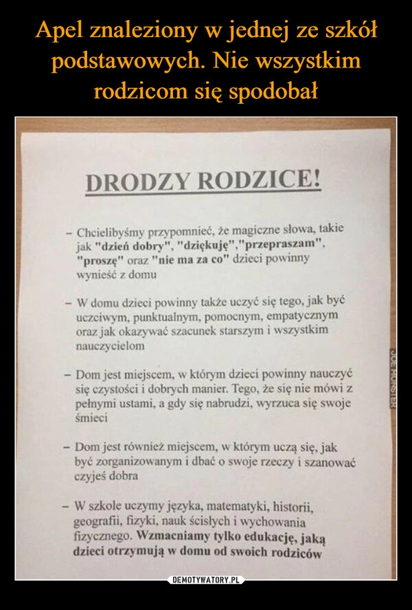 
    Apel znaleziony w jednej ze szkół podstawowych. Nie wszystkim rodzicom się spodobał