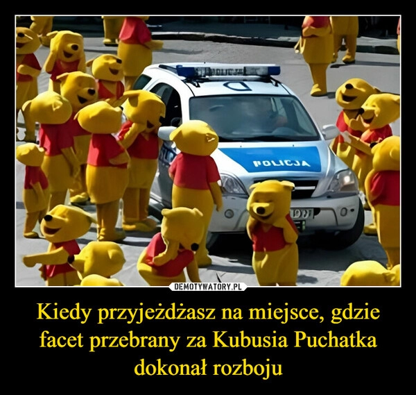 
    Kiedy przyjeżdżasz na miejsce, gdzie facet przebrany za Kubusia Puchatka dokonał rozboju