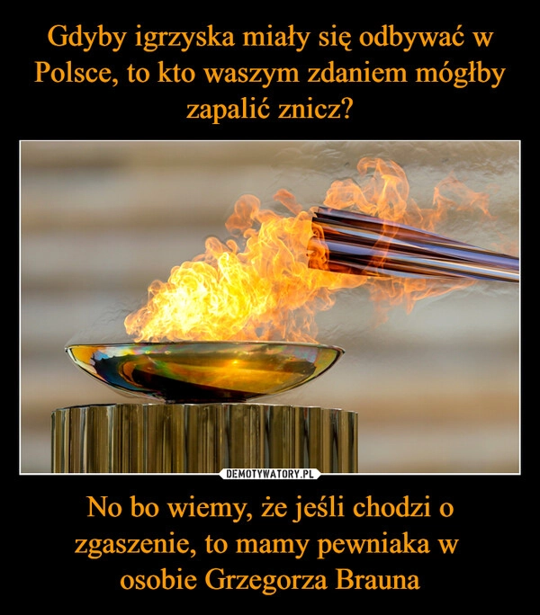 
    Gdyby igrzyska miały się odbywać w Polsce, to kto waszym zdaniem mógłby zapalić znicz? No bo wiemy, że jeśli chodzi o zgaszenie, to mamy pewniaka w 
osobie Grzegorza Brauna