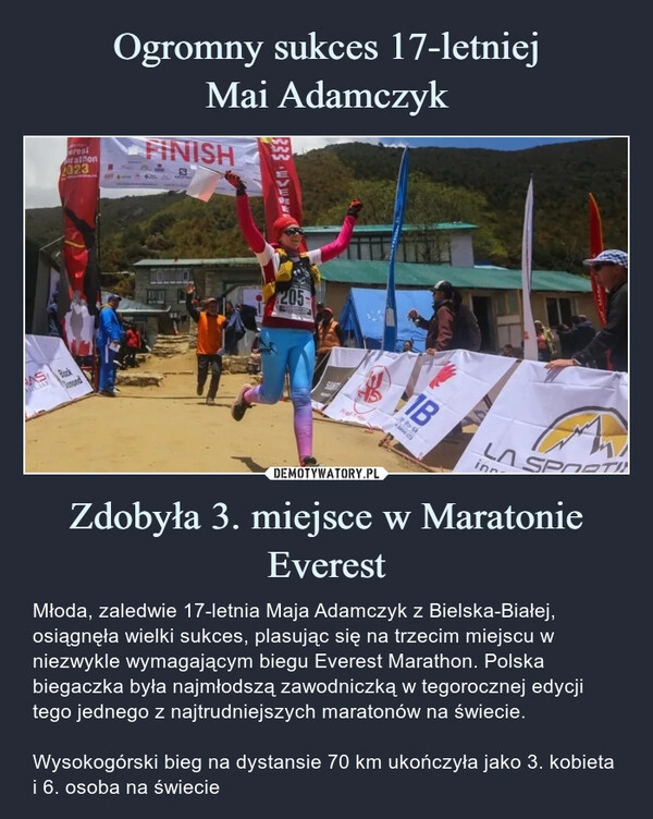 
    Ogromny sukces 17-letniej
Mai Adamczyk Zdobyła 3. miejsce w Maratonie Everest