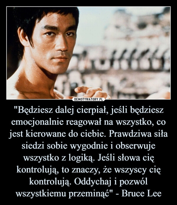 
    "Będziesz dalej cierpiał, jeśli będziesz emocjonalnie reagował na wszystko, co jest kierowane do ciebie. Prawdziwa siła siedzi sobie wygodnie i obserwuje wszystko z logiką. Jeśli słowa cię kontrolują, to znaczy, że wszyscy cię kontrolują. Oddychaj i pozwól wszystkiemu przeminąć" - Bruce Lee