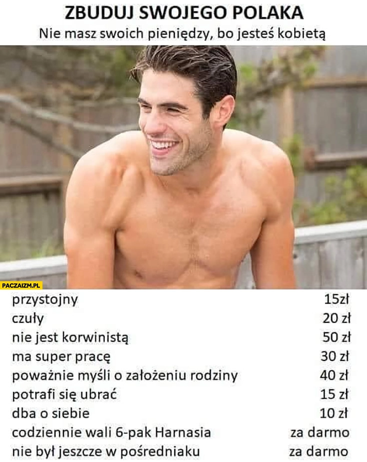 
    Zbuduj swojego Polaka, nie masz swoich pieniędzy bo jesteś kobietą, za darmo: codziennie wali 6-pak Harnasia, nie był jeszcze w pośredniaku