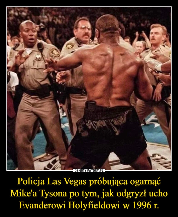 
    Policja Las Vegas próbująca ogarnąć Mike'a Tysona po tym, jak odgryzł ucho Evanderowi Holyfieldowi w 1996 r.