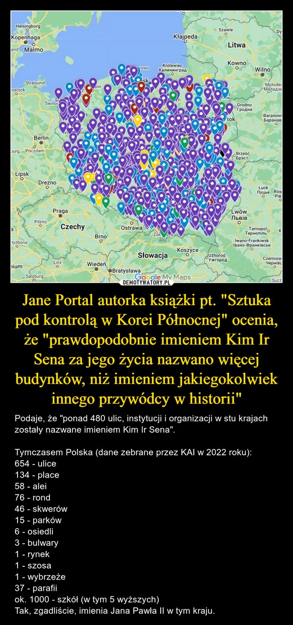 
    Jane Portal autorka książki pt. "Sztuka pod kontrolą w Korei Północnej" ocenia, że "prawdopodobnie imieniem Kim Ir Sena za jego życia nazwano więcej budynków, niż imieniem jakiegokolwiek innego przywódcy w historii"